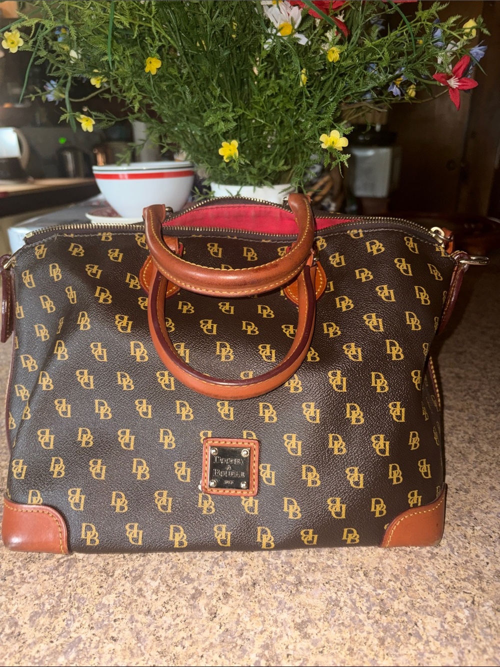 Dooney & Bourke Brown Monogram Satchel with Tan Trim